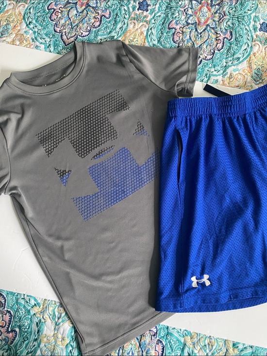 Under Armour Other - Under Armour Short Set - Grey Logo Tee with Royal Blue Mesh Shorts